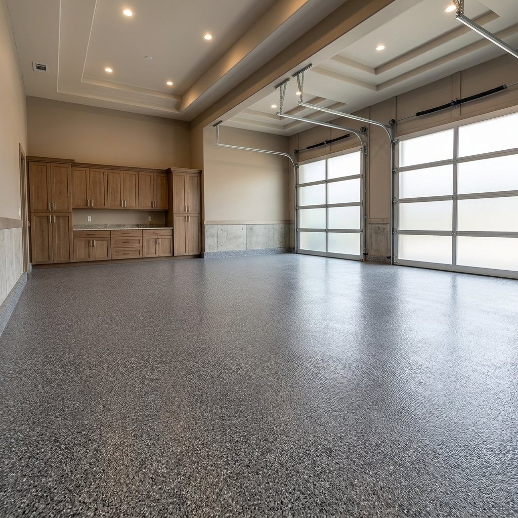 Finished garage with gray flake epoxy floor coating, custom cabinetry, and glass garage doors by Apex Coating LLC