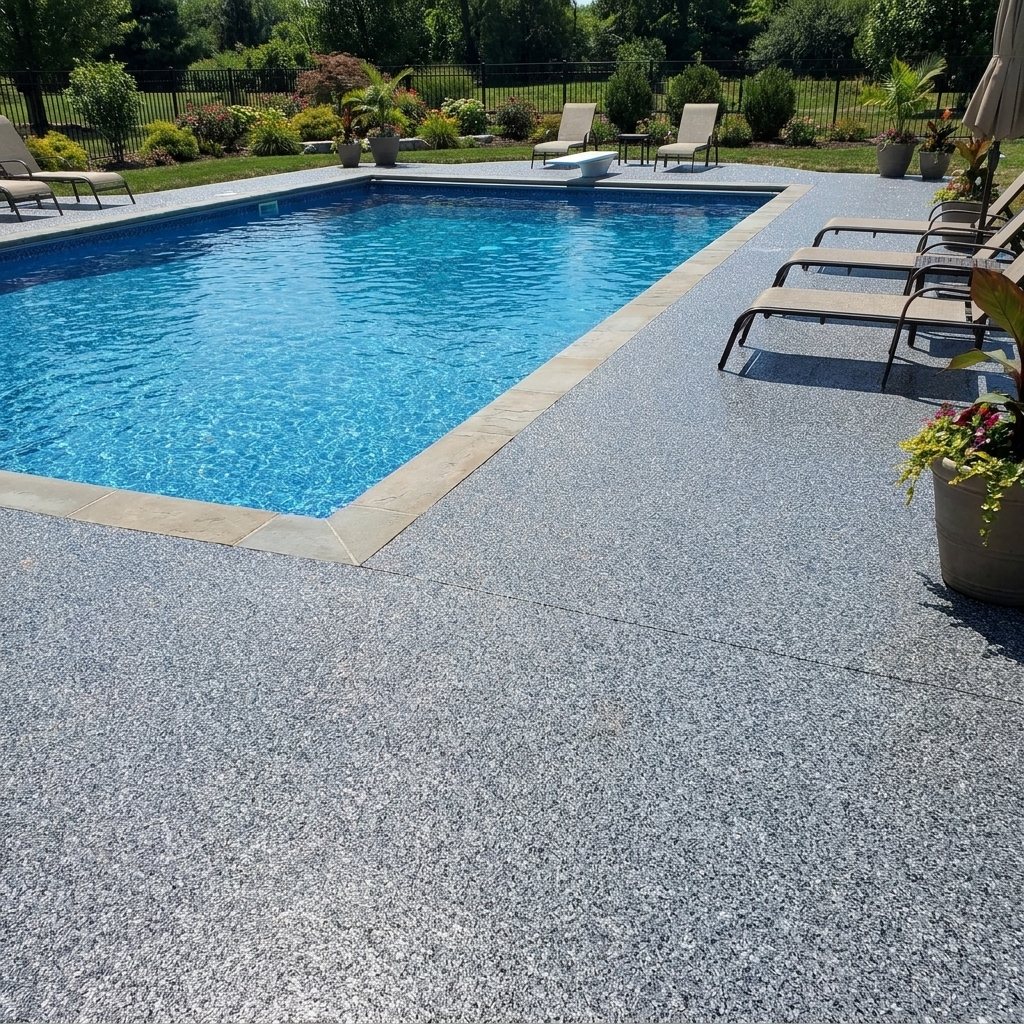 Flake epoxy pool deck coating around an in-ground pool