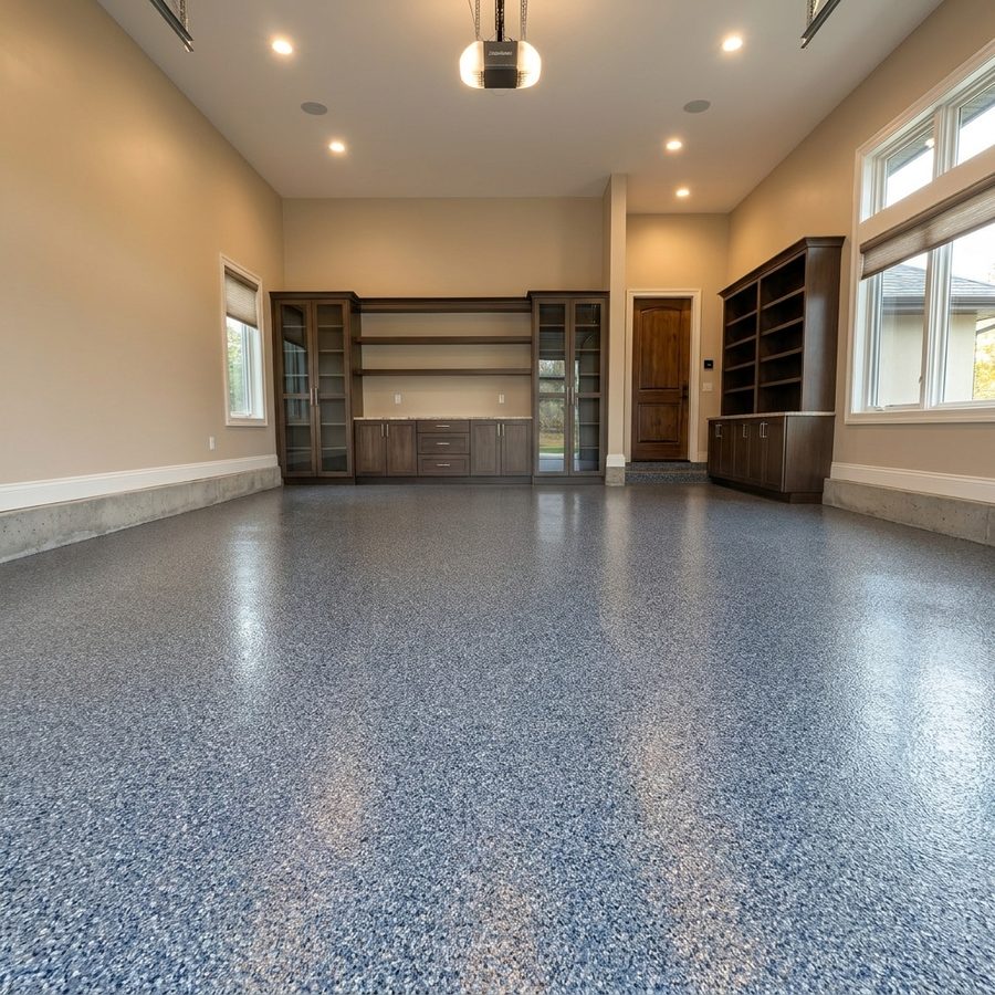 Flake epoxy garage floor coating with dark cabinetry